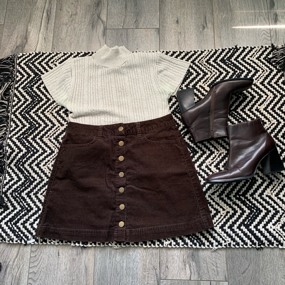 Brown Corduroy Mini Button Skirt